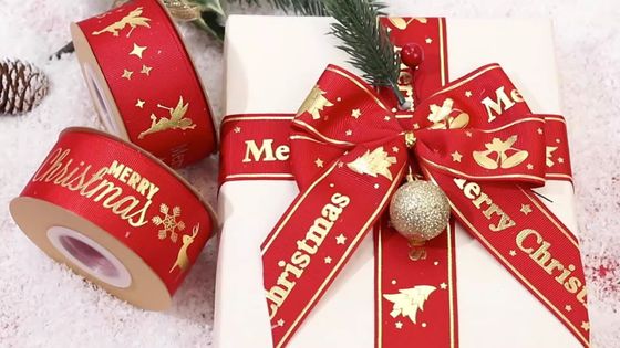 Gold Foil Printed Christmas Ribbon Red Personalised Christmas Ribbon