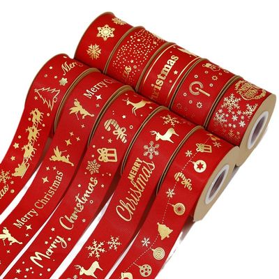 Gold Foil Printed Christmas Ribbon Red Personalised Christmas Ribbon