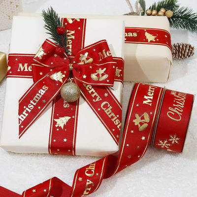 Gold Foil Printed Christmas Ribbon Red Personalised Christmas Ribbon