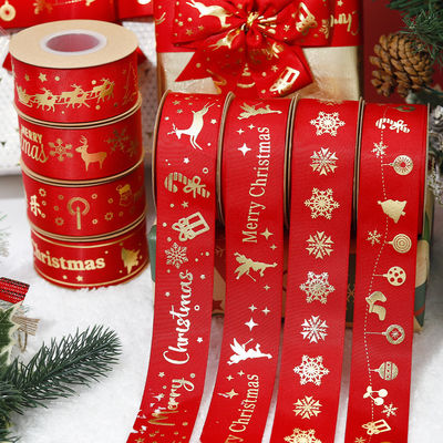 Gold Foil Printed Christmas Ribbon Red Personalised Christmas Ribbon