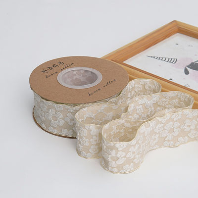 Embossed Floral Lace Trim 25mm Polyester Champagne Lace Ribbon