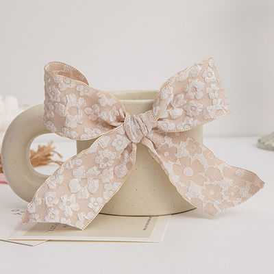 Embossed Floral Lace Trim 25mm Polyester Champagne Lace Ribbon