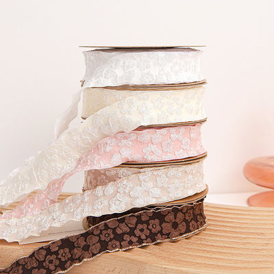 Embossed Floral Lace Trim 25mm Polyester Champagne Lace Ribbon