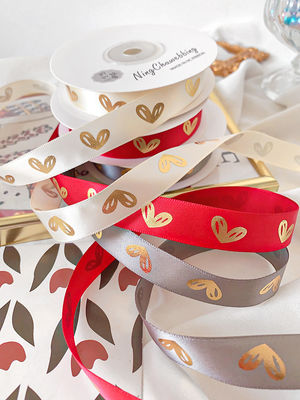 16mm Heart Pattern Gold Foil Printed Ribbon For Gift Packing And Decoration