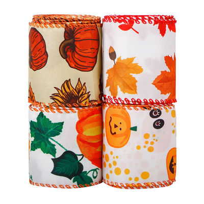 Thanks Giving Day Printed Burlap Ribbon 63mm Personalized Cotton Ribbon