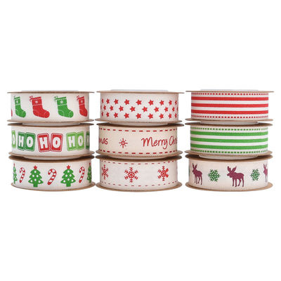 15mm*3y Christmas Gift Ribbon Printed White Cotton Ribbon For Presents
