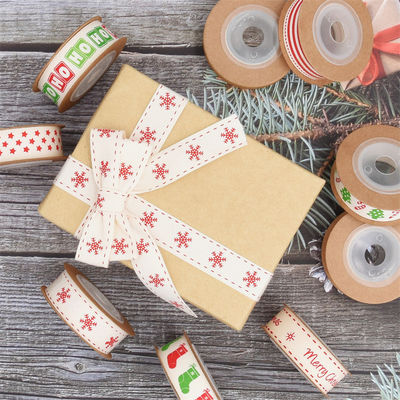 15mm*3y Christmas Gift Ribbon Printed White Cotton Ribbon For Presents