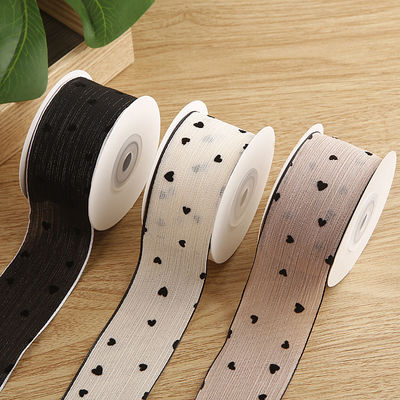 3 Colors Striped Ribbon 40mm Heart Printed Polyester Ribbon OEM Eco Friendly