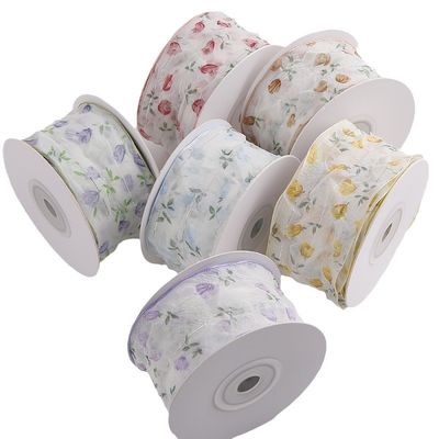40mm 50mm Organza Ribbon With Floral Printed Polyester Ribbon OEM Eco Friendly