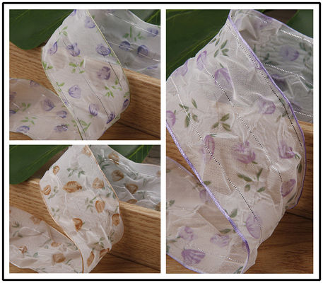 40mm 50mm Organza Ribbon With Floral Printed Polyester Ribbon OEM Eco Friendly