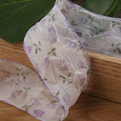 40mm 50mm Organza Ribbon With Floral Printed Polyester Ribbon OEM Eco Friendly