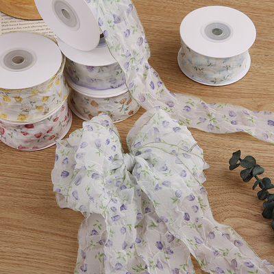 40mm 50mm Organza Ribbon With Floral Printed Polyester Ribbon OEM Eco Friendly