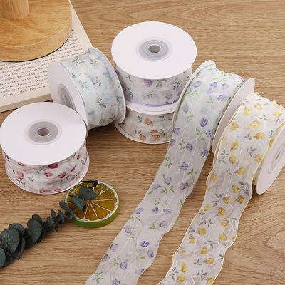 40mm 50mm Organza Ribbon With Floral Printed Polyester Ribbon OEM Eco Friendly